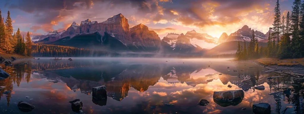 a breathtaking sunrise casts golden light across a serene, mist-covered lake, while towering mountains rise majestically in the background.