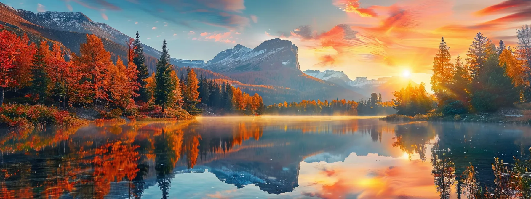 a breathtaking sunrise casts a warm golden glow over a tranquil lake, surrounded by vibrant autumn foliage reflecting off the water's surface.