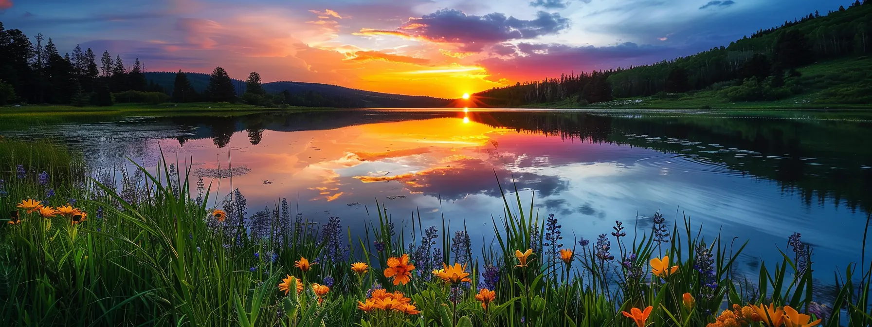 a breathtaking sunrise casts golden rays over a serene lake, where vibrant wildflowers bloom along the shore, reflecting the colorful sky in crystal-clear water.
