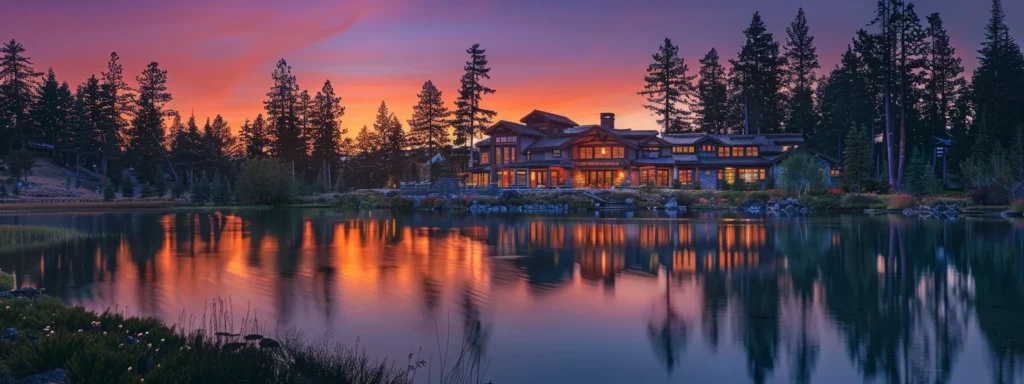 a breathtaking sunset casts vibrant hues of orange and purple over a tranquil lake, reflecting the beauty of nature in still water as silhouettes of tall pine trees frame the serene landscape.