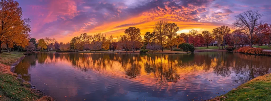 a breathtaking sunset casts vibrant hues of orange and purple across a tranquil lake, reflecting the serene beauty of nature.