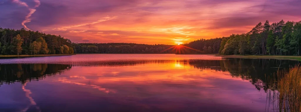 a breathtaking sunset painted in vibrant hues of orange and purple casts a warm glow over a tranquil lake, surrounded by lush green forests reflecting perfectly in the still water.