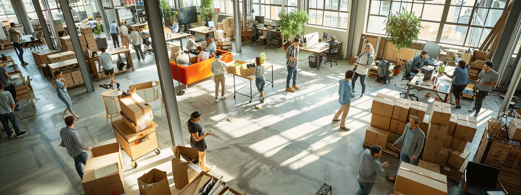 a bustling office environment showcases diverse professionals engaged in discussions, surrounded by packed boxes and moving supplies, highlighting the efficient coordination of the marlboro moving company's services.