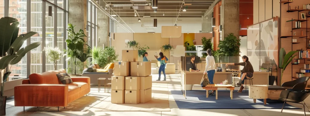 a bustling urban office backdrop showcases individuals efficiently maneuvering oversized cardboard boxes amidst sleek, modern furniture, embodying the dynamic spirit of a corporate relocation.