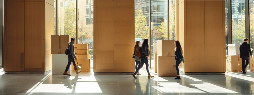 a bustling urban setting captures a diverse group of professionals efficiently maneuvering large boxes into a modern office building, emphasizing teamwork and the dynamic nature of city relocation.