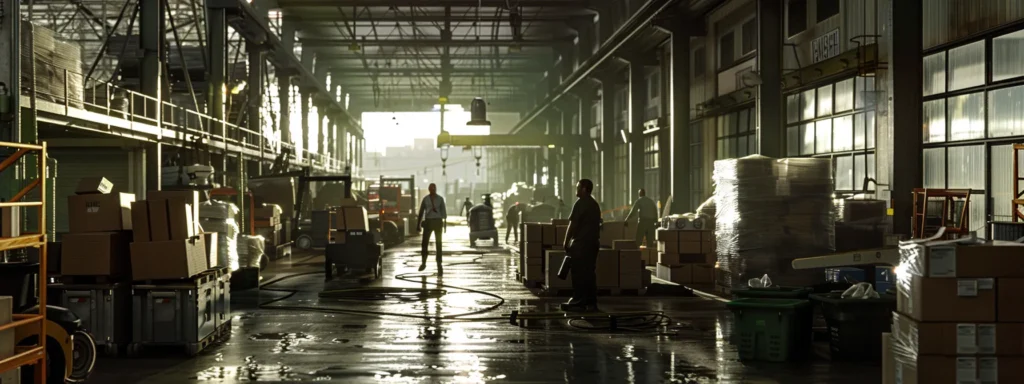 a bustling urban warehouse scene captures workers efficiently transporting boxes amidst industrial shelving, highlighted by stark overhead lighting that emphasizes the urgency and productivity of the environment.