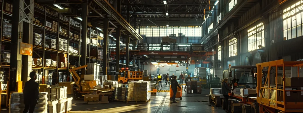 a bustling urban warehouse interior features diverse individuals energetically organizing and transporting large, labeled boxes in a well-lit space filled with industrial shelving and loading equipment.