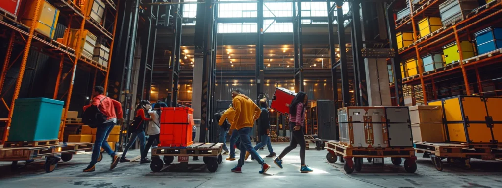 a dynamic urban warehouse scene captures individuals energetically transporting colorful boxes amidst a backdrop of towering shelves and industrial lighting, emphasizing collaboration and movement.