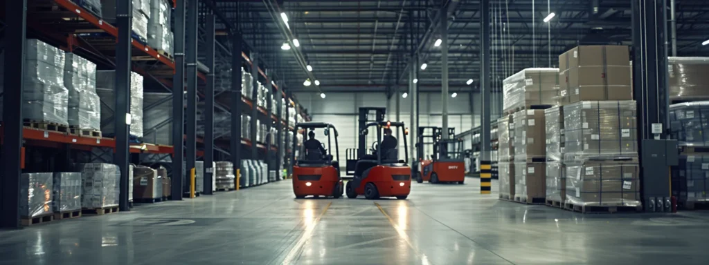 a dynamic urban warehouse scene captures workers in crisp uniforms efficiently maneuvering large, stacked boxes on sleek forklifts under bright, industrial lighting, emphasizing teamwork and productivity.