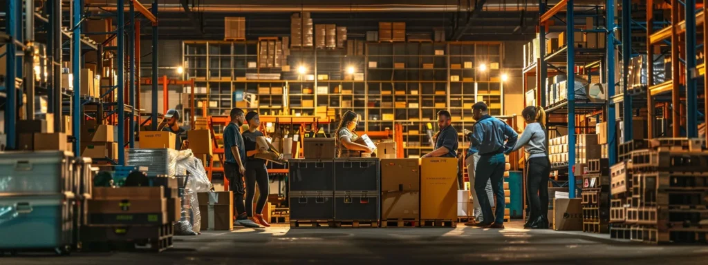 a dynamic urban warehouse scene showcases a diverse group of professionals efficiently maneuvering large, colorful boxes amidst sleek industrial shelving, illuminated by dramatic overhead lighting that highlights their focused expressions and teamwork.