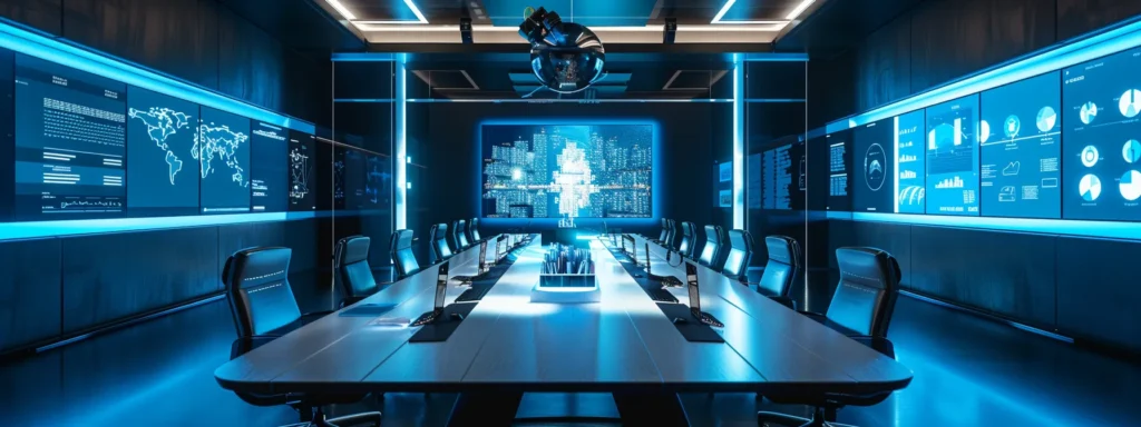 a futuristic office space displays a sleek conference table surrounded by high-tech screens, casting a dynamic glow that emphasizes collaboration and innovation in a vibrant urban setting.