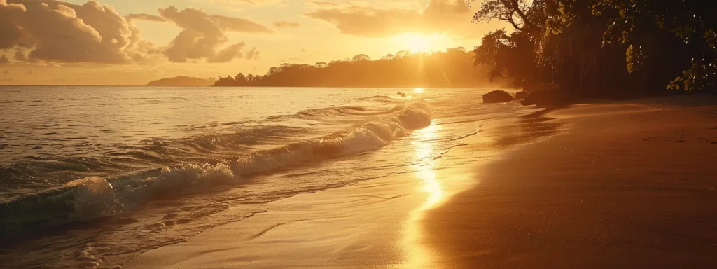 a radiant golden sunset casts a warm glow over a tranquil beach, where gentle waves lap against the shore, creating a serene and inviting atmosphere.