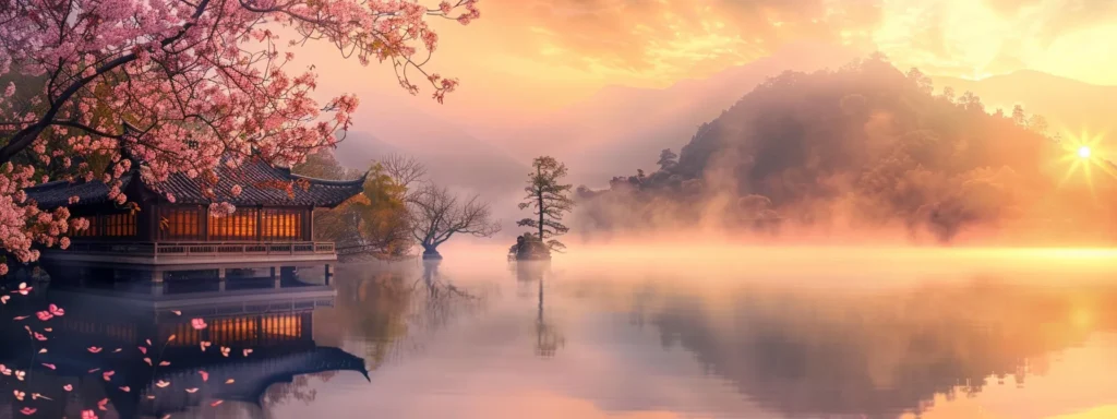 a serene mist envelops a tranquil lake at dawn, reflecting the vibrant hues of a blooming sunrise that casts a golden glow across the still water.