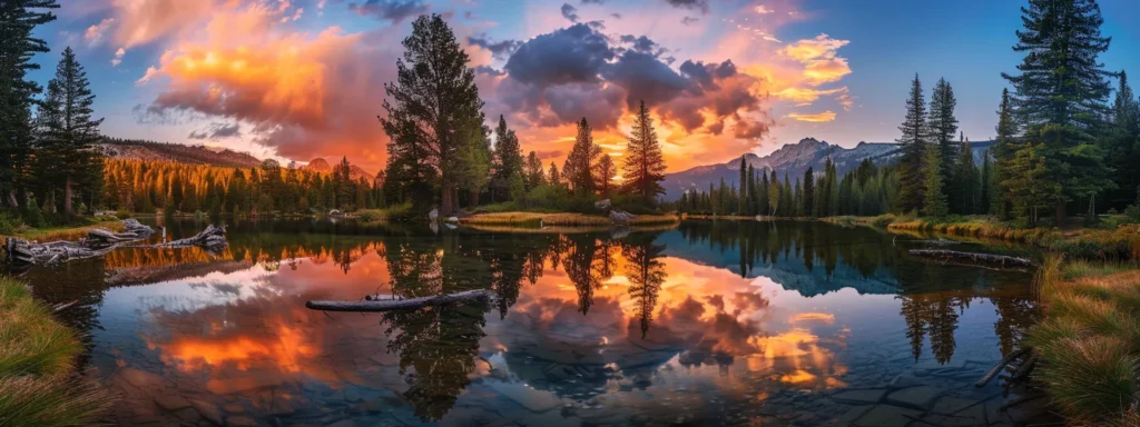 a vibrant sunset casts a golden glow over a tranquil lake, reflecting the colorful sky and surrounding trees in a serene, mirror-like surface.
