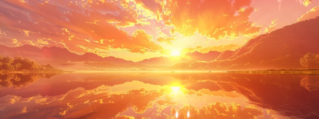 a vibrant sunset casts golden hues across a serene lake, with silhouetted mountains reflecting in the tranquil water, evoking a sense of peace and harmony.