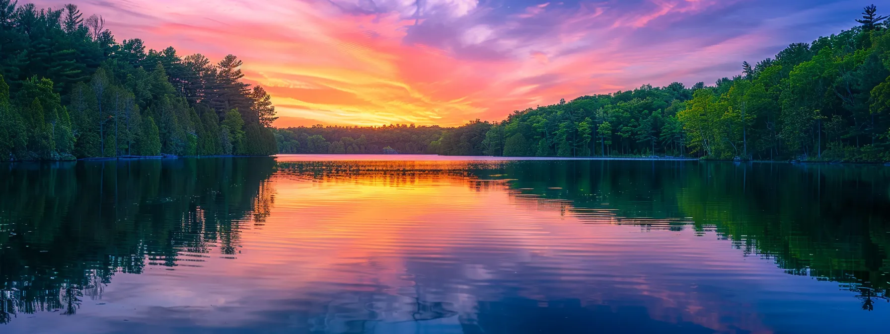 a vibrant sunset illuminates a tranquil lake, surrounded by lush, emerald forests, reflecting a kaleidoscope of colors on the water's surface.