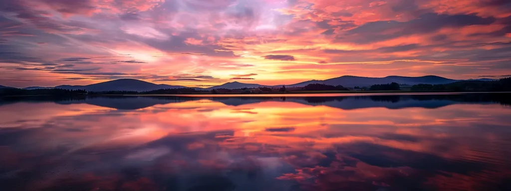 a breathtaking sunset casts vibrant hues of orange and pink across a calm lake, reflecting the stunning sky and silhouetting distant mountains in an ethereal glow.