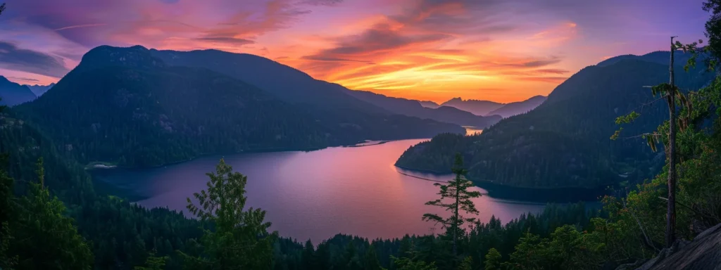 a breathtaking sunset casts a warm golden glow over a tranquil lake, reflecting the vibrant hues of orange, pink, and purple in the sky, surrounded by lush green forests.