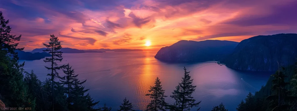 a breathtaking sunset casts vibrant hues of orange and purple across a tranquil lake, with silhouettes of tall pine trees framing the serene landscape.