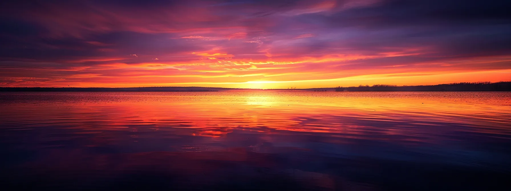 a breathtaking sunset illuminates a serene lake, with vibrant hues of orange and purple reflecting off the glassy water surface, creating a tranquil and captivating atmosphere.