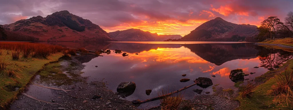 a breathtaking sunset over a tranquil lake, with vibrant oranges and purples reflected in the still water, surrounded by silhouetted mountains.