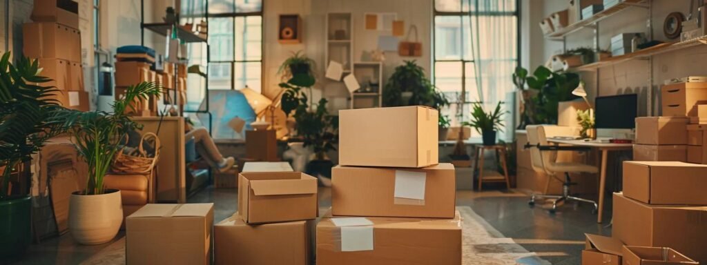 a brightly lit, organized home office filled with strategically packed boxes, showcasing individuals efficiently labeling and sorting items by room, emphasizing a streamlined packing strategy.