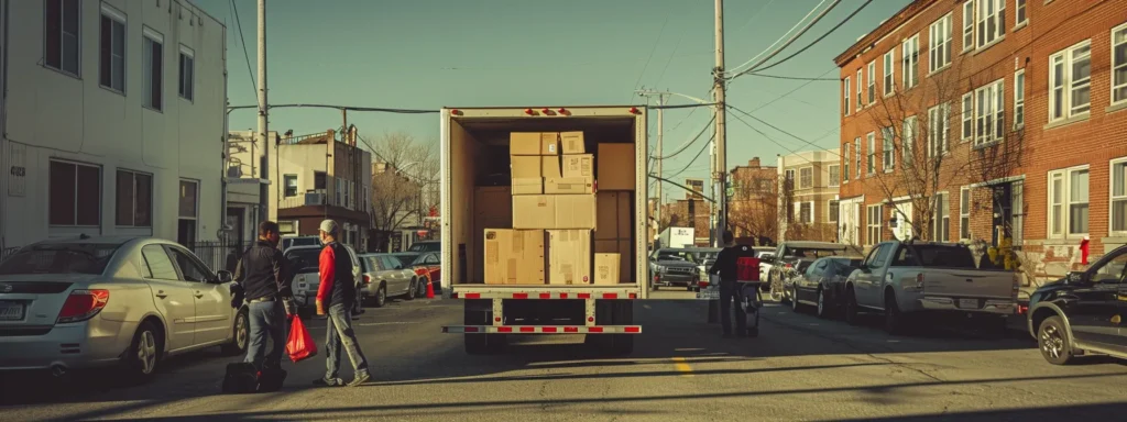 a bustling local moving company in marlboro, showcasing professional movers efficiently loading a brightly colored truck with well-organized boxes, set against a clean urban backdrop reflecting community engagement and tailored service solutions.