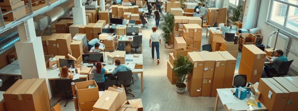 a bustling modern office space filled with professional movers efficiently organizing and packing office cubicles, showcasing their expertise and dynamic teamwork in a streamlined relocation process.