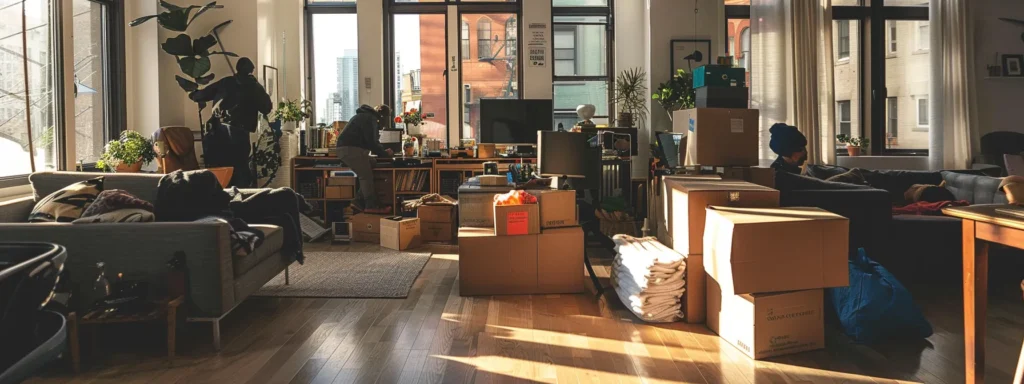 a bustling new york city apartment on moving day captures professional movers expertly maneuvering heavy furniture with specialized equipment and cardboard boxes, showcasing a seamless, organized transition amidst the urban backdrop.