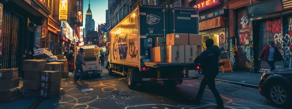 a bustling new york city street showcases a diverse ensemble of professional movers, efficiently loading affordable cardboard boxes onto a vibrant, graffiti-covered truck under the glow of neon signs, emphasizing the dynamic nature of budget-friendly relocation options in the city.