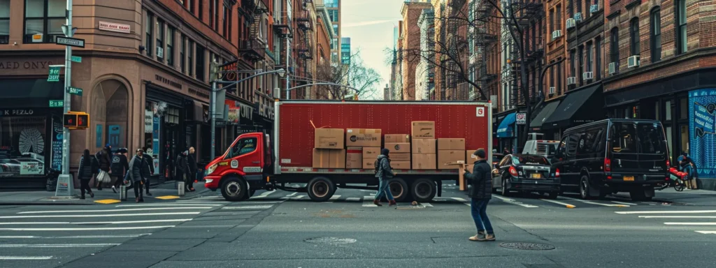 a bustling new york city street scene captures a well-organized moving day, showcasing a vibrant truck filled with neatly stacked boxes, while a savvy individual consults a mobile device for efficient relocation strategies amidst the urban backdrop.
