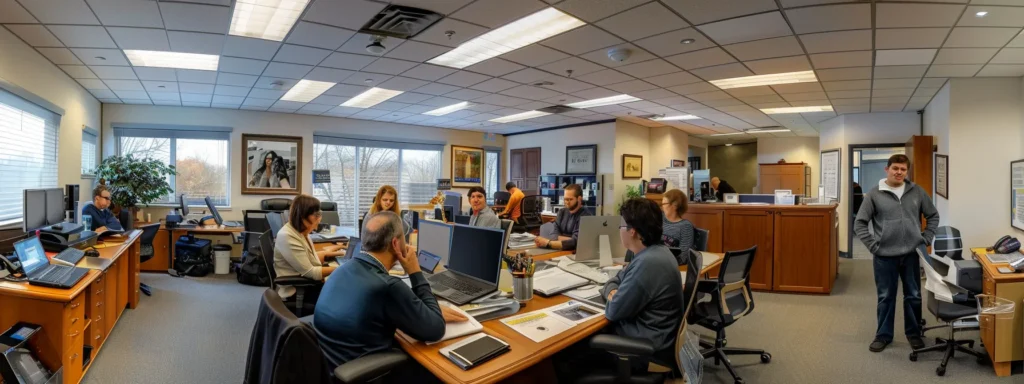 a bustling office environment in shrewsbury, nj, showcasing a diverse group of professionals engaged in a lively discussion around a table filled with moving estimates and brochures, emphasizing collaboration and informed decision-making in selecting movers.
