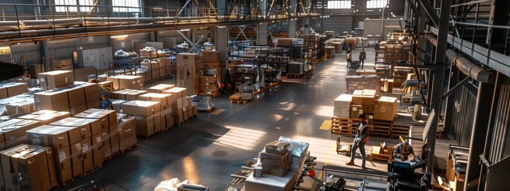 a bustling office packing area features workers efficiently wrapping fragile items in specialized cushioning materials, surrounded by neatly stacked boxes and packing supplies, highlighting the importance of proper shipping methods.