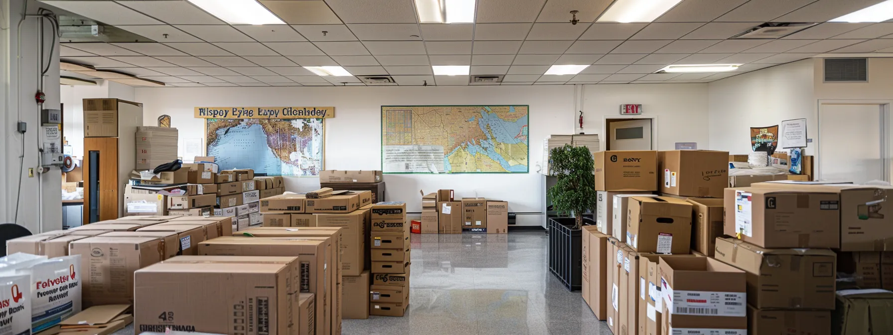 a bustling union beach moving company office, showcasing a team of professionals strategically organizing logistics and packing materials, with cardboard boxes stacked neatly and a large map of the service area prominently displayed on the wall, under bright, focused lighting.