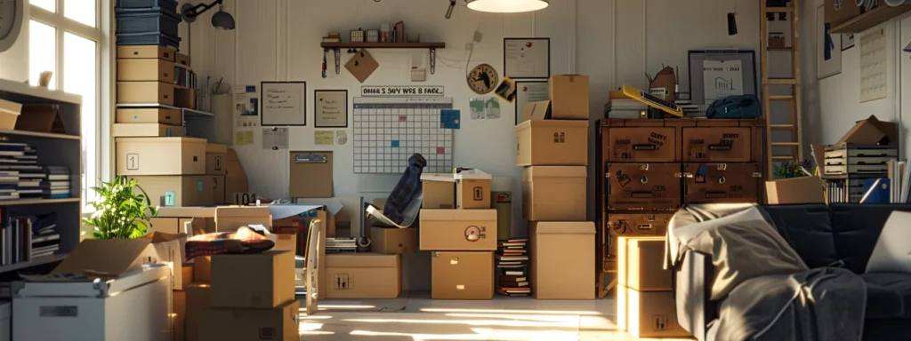 a bustling urban apartment filled with neatly stacked moving boxes, packing supplies scattered around, and a large wall-mounted calendar meticulously marked with moving day tasks and deadlines, all under bright overhead lighting to convey a sense of organized chaos.