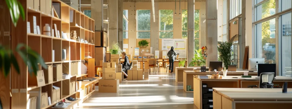 a bustling urban moving company office highlights eco-friendly practices, with neatly organized recycled packing materials and charts showing sustainable moving routes, under bright, efficient lighting that conveys a modern, environmentally conscious atmosphere.
