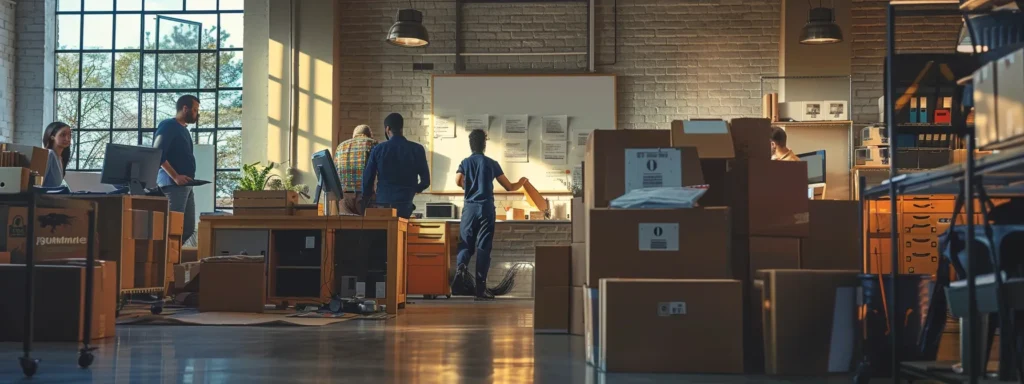 a bustling urban moving company office showcases a diverse team of professionals efficiently coordinating logistics, surrounded by neatly stacked boxes and a large, organized whiteboard filled with moving schedules and client information.