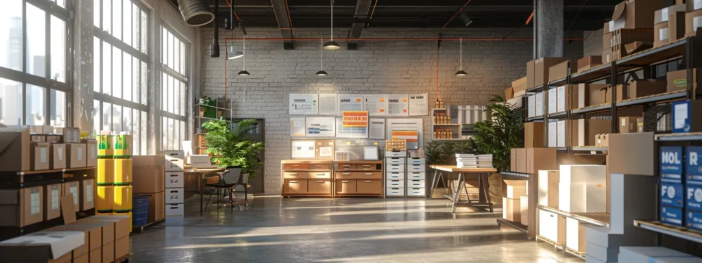 a bustling urban moving company's office, showcasing a professionally organized space with detailed presentation boards highlighting comprehensive moving services, alongside efficient packing materials and storage solutions, designed to convey reliability and expertise in relocation.