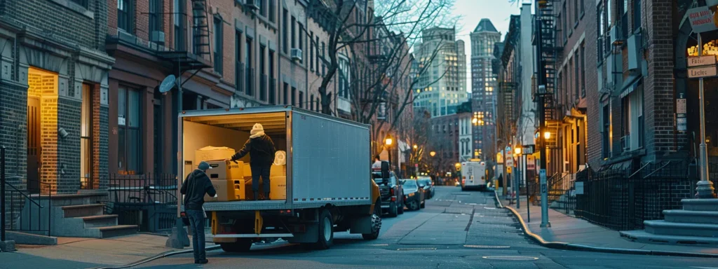 a bustling urban moving company in shrewsbury, nj, showcasing a cheerful team efficiently loading furniture into a modern moving truck against the backdrop of city apartment buildings, with bright, professional lighting highlighting their commitment to reliable service.