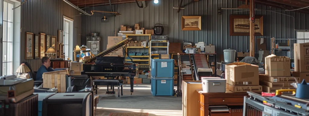 a bustling urban moving company office showcases professional packers expertly handling specialty items like pianos and antiques, with neatly organized storage units visible in the background, reflecting a seamless relocation experience in spring lake.