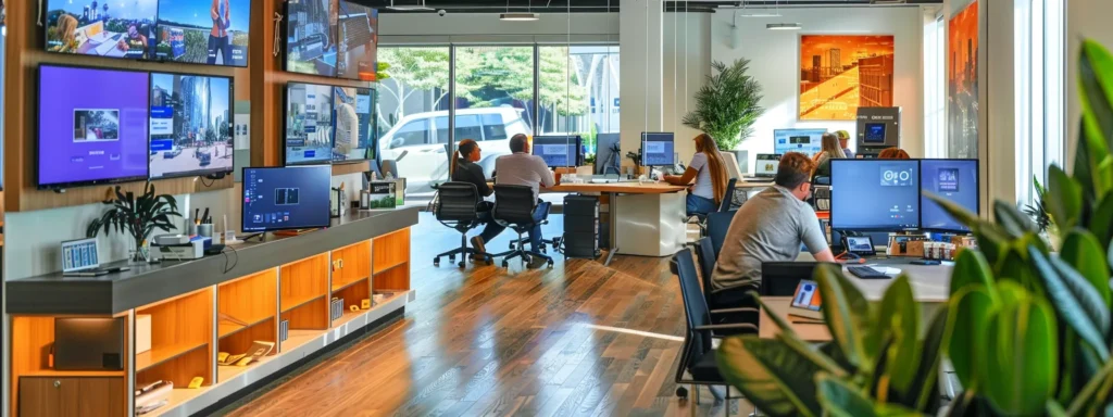 a bustling urban moving company office in marlboro, featuring a diverse team engaging with clients over a sleek conference table, surrounded by vibrant moving supplies and digital displays showcasing affordable relocation solutions.