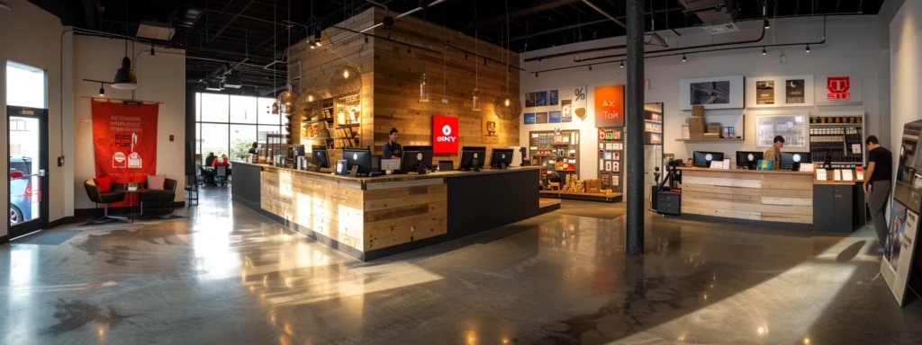 a bustling urban moving company office, featuring a sleek reception area with vibrant branding displays and a busy team coordinating logistics, exuding a sense of reliability and professionalism.