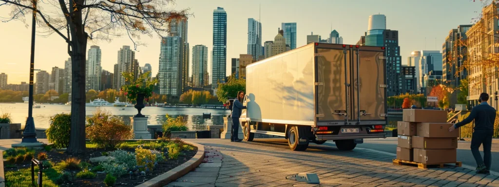 a bustling urban moving scene captures a professional crew efficiently loading meticulously packed furniture into a sleek moving truck amidst the vibrant spring lake skyline, embodying the ease and organization of a seamless relocation process.
