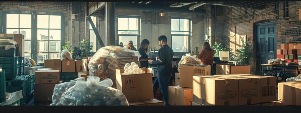 a bustling urban moving scene captures a diverse group of individuals efficiently packing sturdy cardboard boxes with vibrant bubble wrap and tidy packing tape, amidst a backdrop of a modern apartment, highlighting the importance of quality packing supplies for a smooth transition.