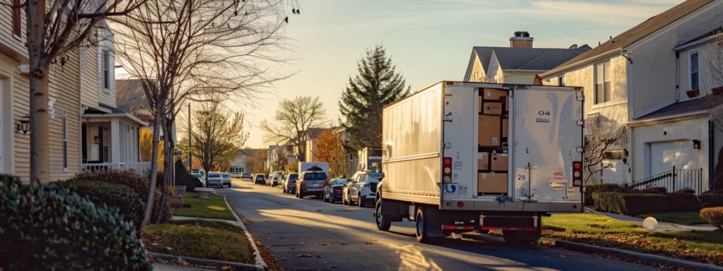 a bustling urban moving truck backed into a suburban driveway in union beach, nj, surrounded by neatly packed boxes and a clean, organized workspace that showcases professionalism and efficiency.