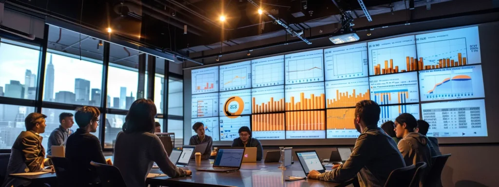 a bustling urban office environment filled with professionals engaged in vibrant discussions about cost-effective moving services, with charts and comparison graphs displayed on large screens, conveying the strategic planning behind budget-friendly relocation options in new york city.