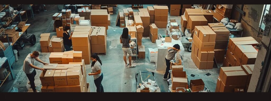 a bustling urban office environment showcases professionals engaged in a coordinated effort to pack and organize boxes, illustrating the complexities of moving under local regulations.