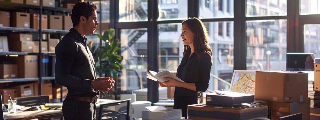 a bustling urban office environment showcases a meticulous moving coordinator engaged in a detailed conversation with a client, surrounded by neatly organized moving boxes and visual maps highlighting efficient routes, symbolizing personalized moving plans tailored for roosevelt, nj residents.
