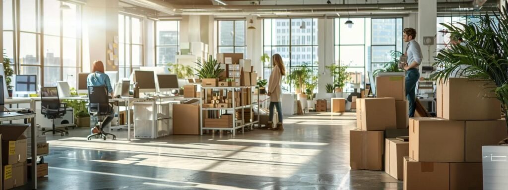 a bustling urban office environment captures professionals coordinating logistics, surrounded by neatly stacked boxes and packing materials, highlighting the intricacies of moving company regulations across different states.