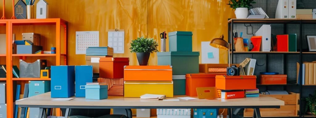 a bustling urban office environment in roosevelt, nj, features a well-organized moving preparation checklist prominently displayed on a sleek desk, surrounded by color-coded boxes and packing supplies, emphasizing the importance of meticulous planning for a seamless moving experience.